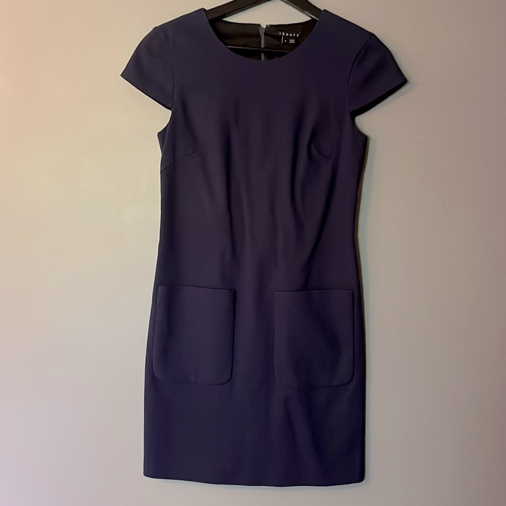 Theory Navy Blue Cap Sleeve Shift Dress with Front Pockets Size 2